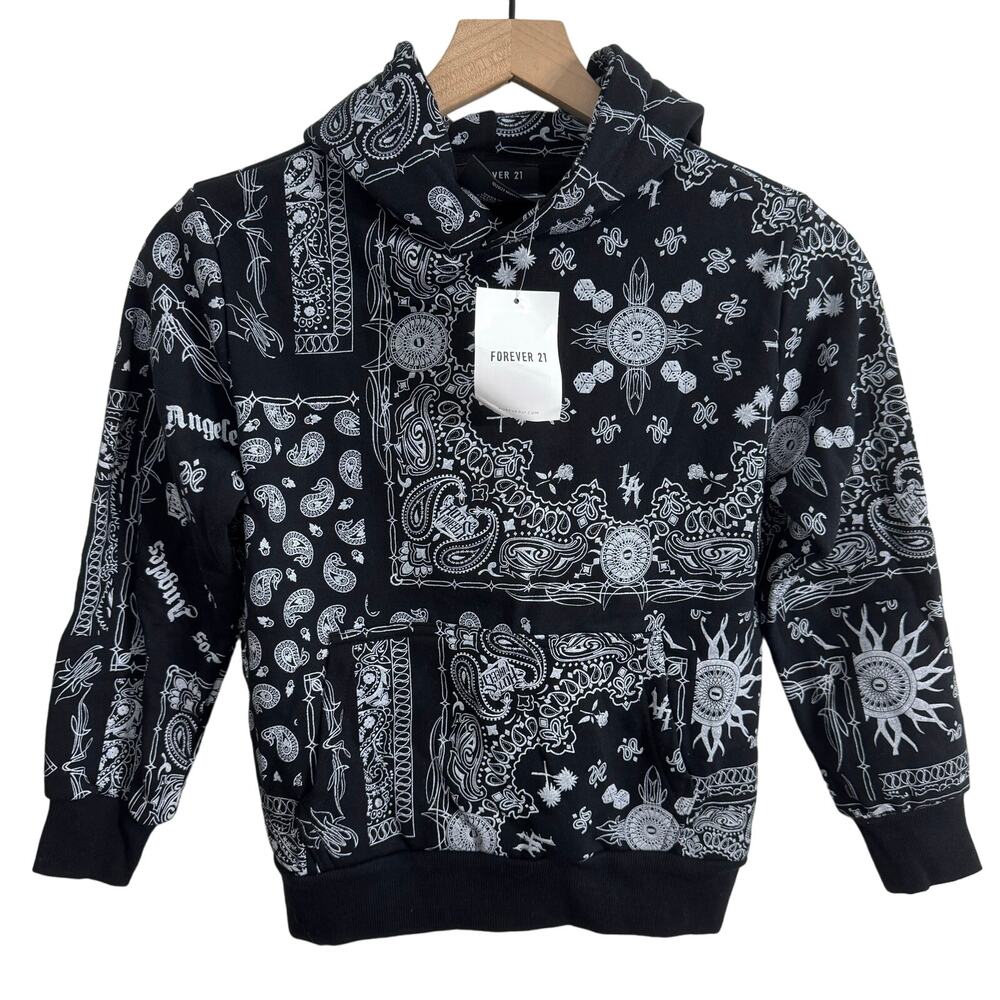 Forever 21 Hot Wheels Black & White Paisley Hoodie Sweatshirt Size 7/8 New